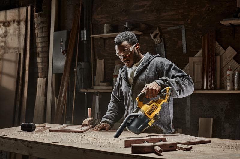 Una persona utiliza una aspiradora portátil DEWALT modelo DCV501HB para limpiar aserrín de un banco de trabajo en un taller de carpintería. Se pueden ver varias herramientas y piezas de madera en la mesa y los estantes del fondo.